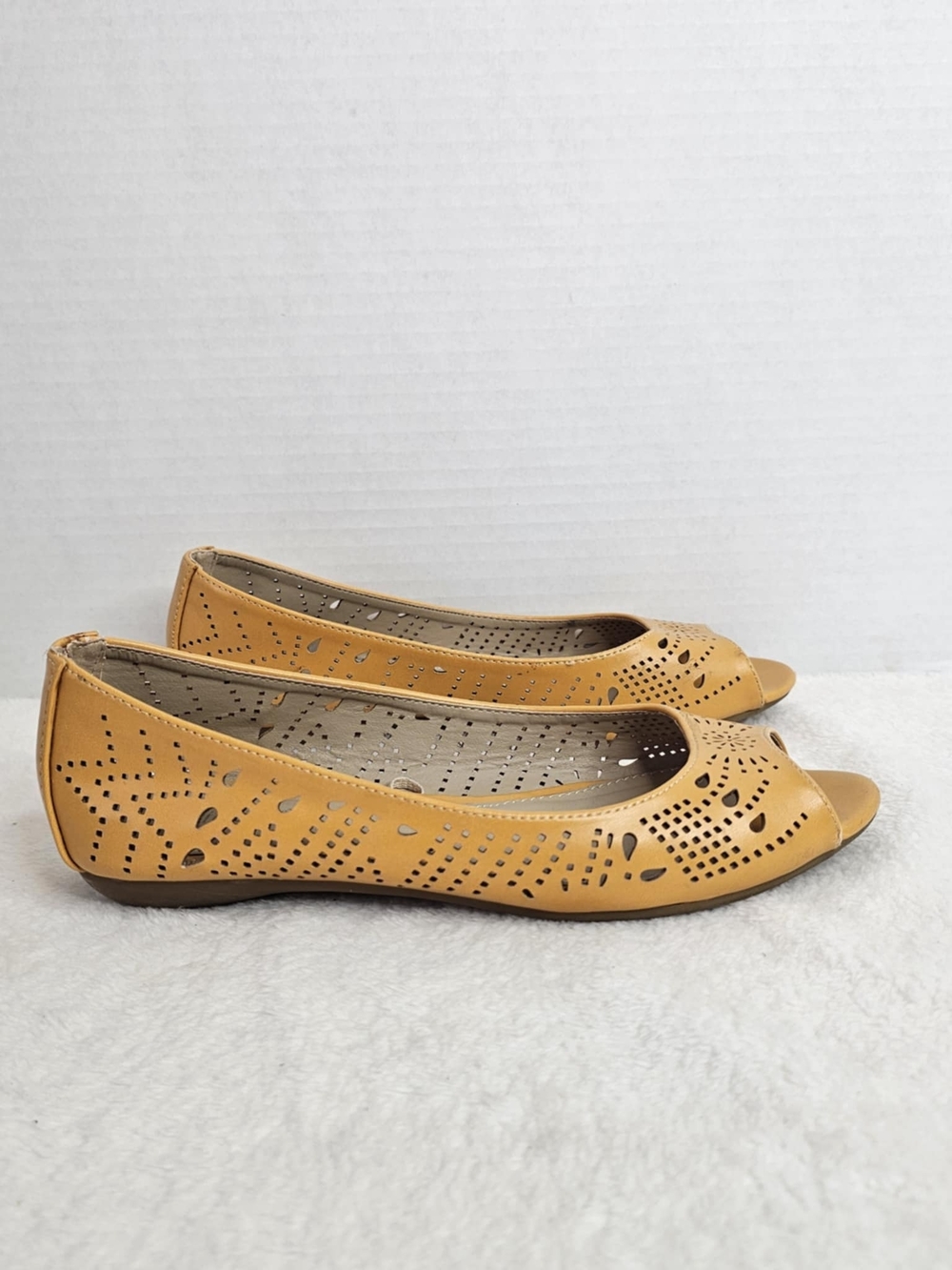Nicole Women's Open-Toe Laser-Cut Flats in Mustard Yellow - Picture 7 of 13